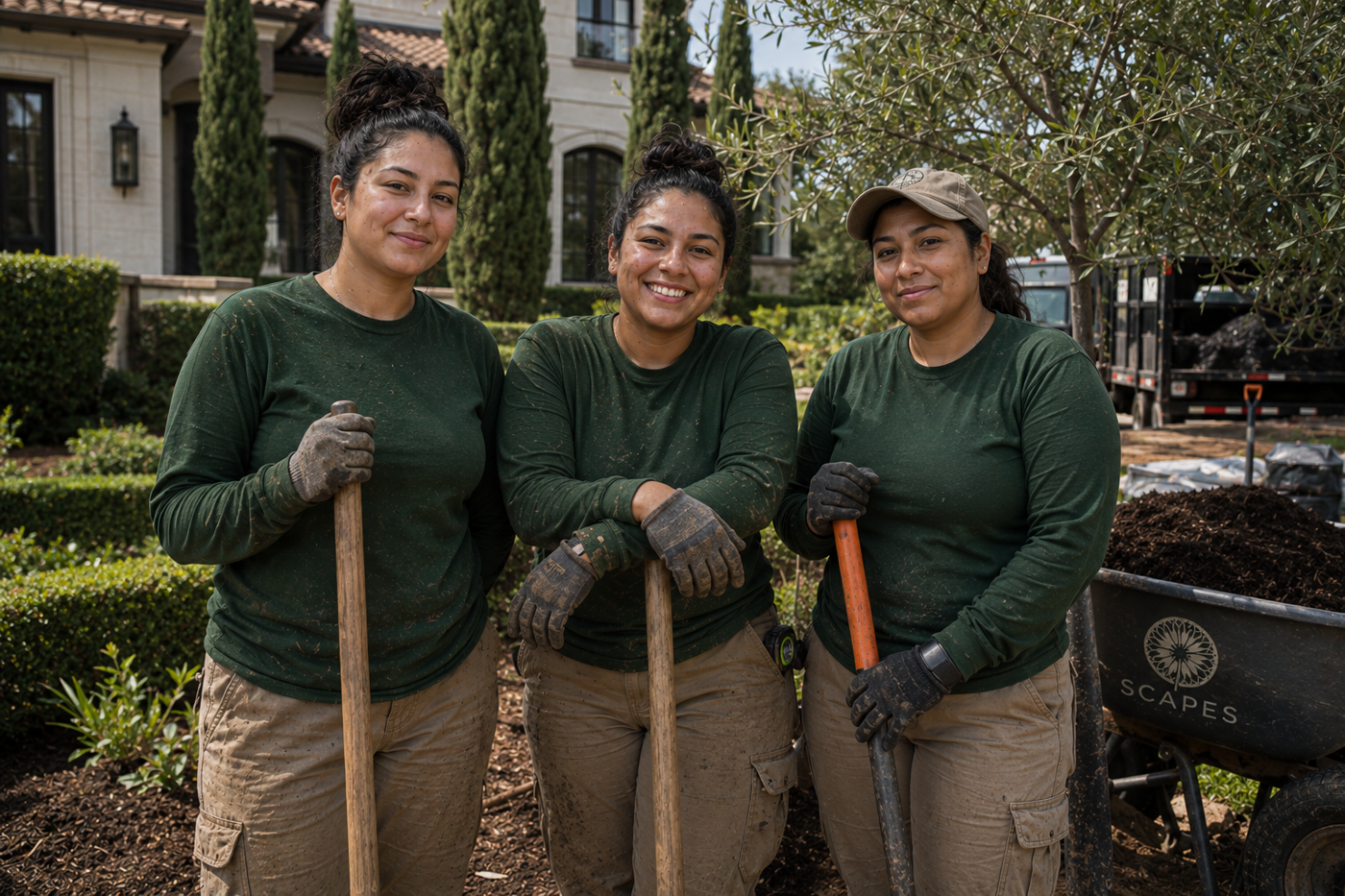 Three women of the Scapes crew in greens with shovels and a Scapes-branded wheelbarrow on an estate planting bed
