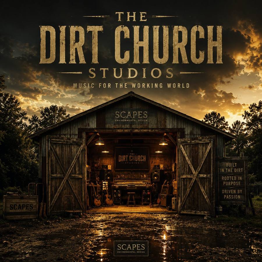 The Dirt Church Studios — a barn at golden hour opens to reveal a recording studio inside. Music for the working world.