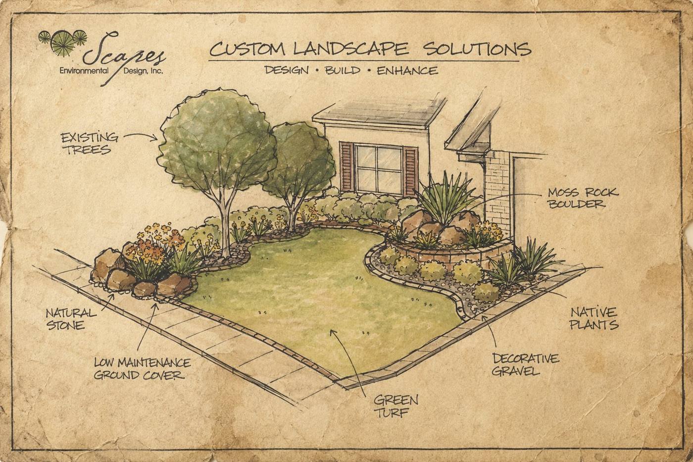 Scapes concept rendering — a custom front-yard landscape with existing trees, native plants, moss rock boulders, natural stone, and green turf