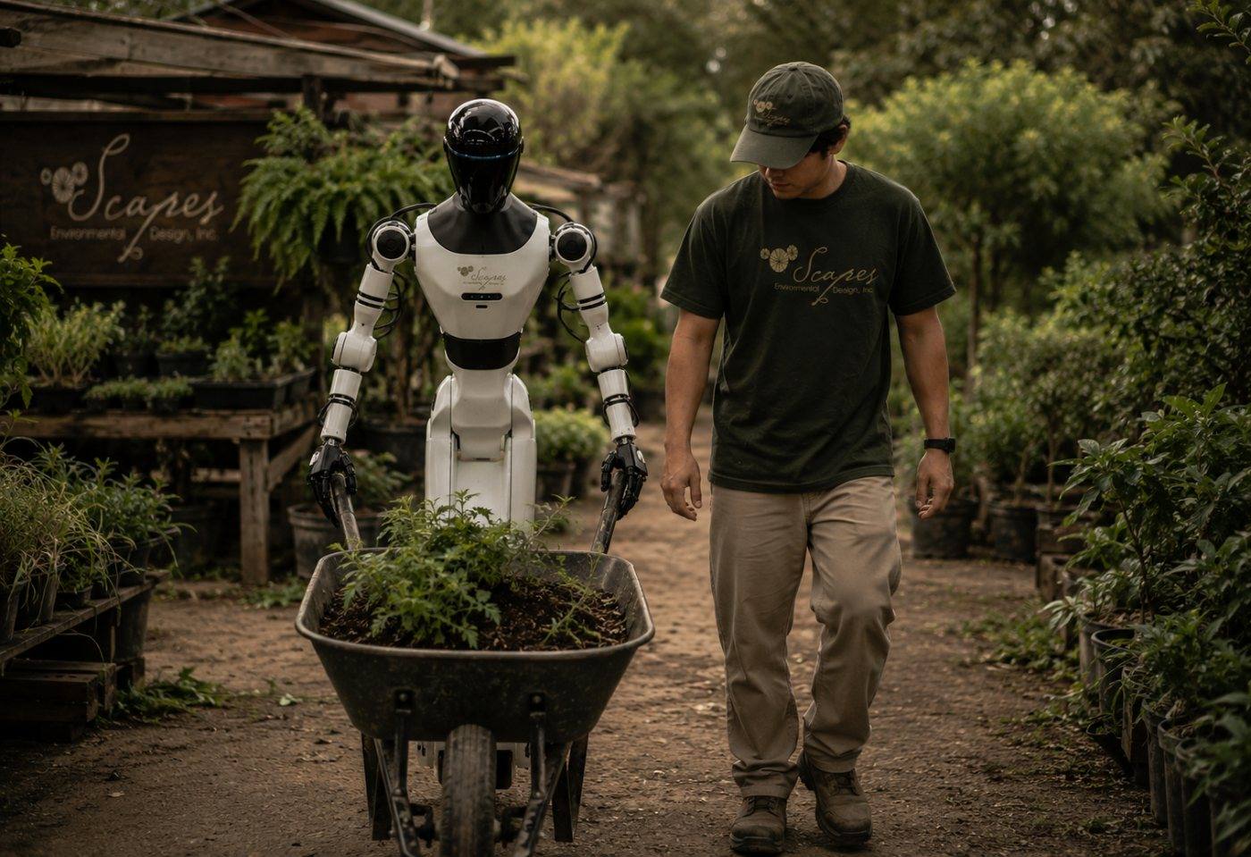 A Scapes humanoid pushes a wheelbarrow of plants down a nursery path while a crew member walks alongside.