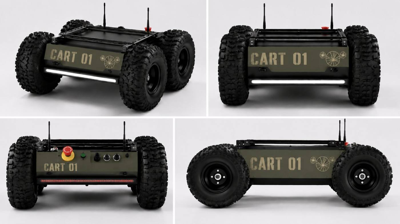 Four-view turnaround render of Cart 01: front, rear, control panel, and side.