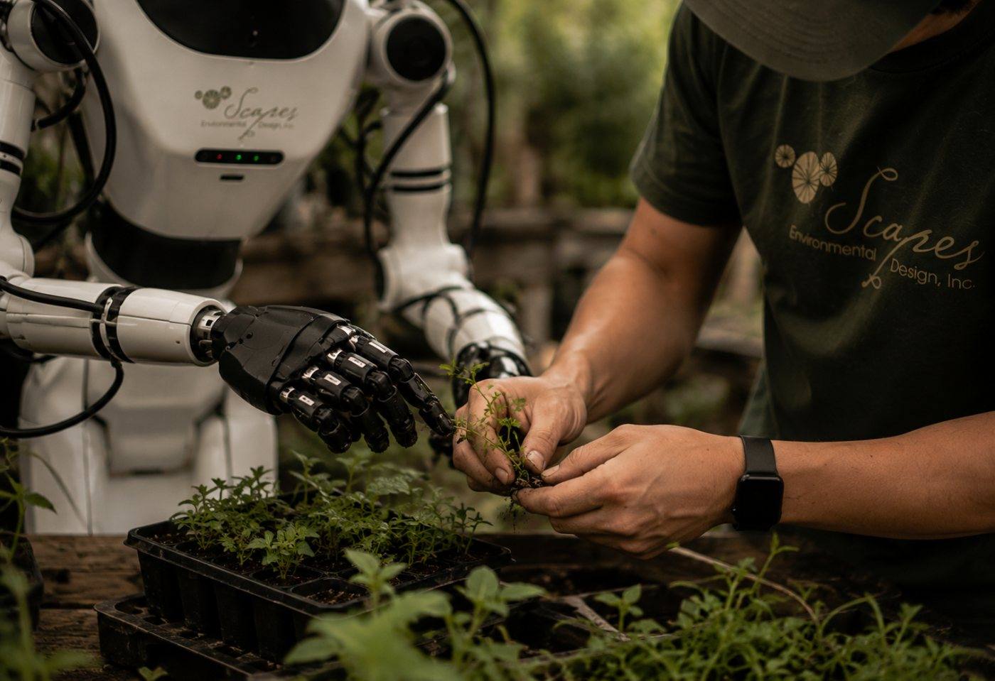 A Scapes humanoid's open hand meets a crew member's hands cradling a seedling over a planting tray.
