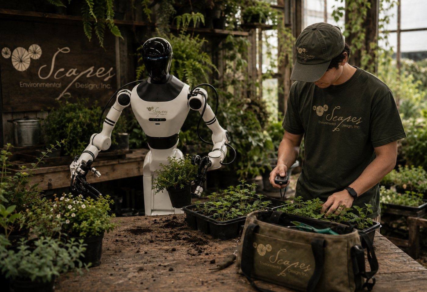 A Scapes humanoid pots a plant at a potting station beside a crew member sorting seedlings from a tool bag.