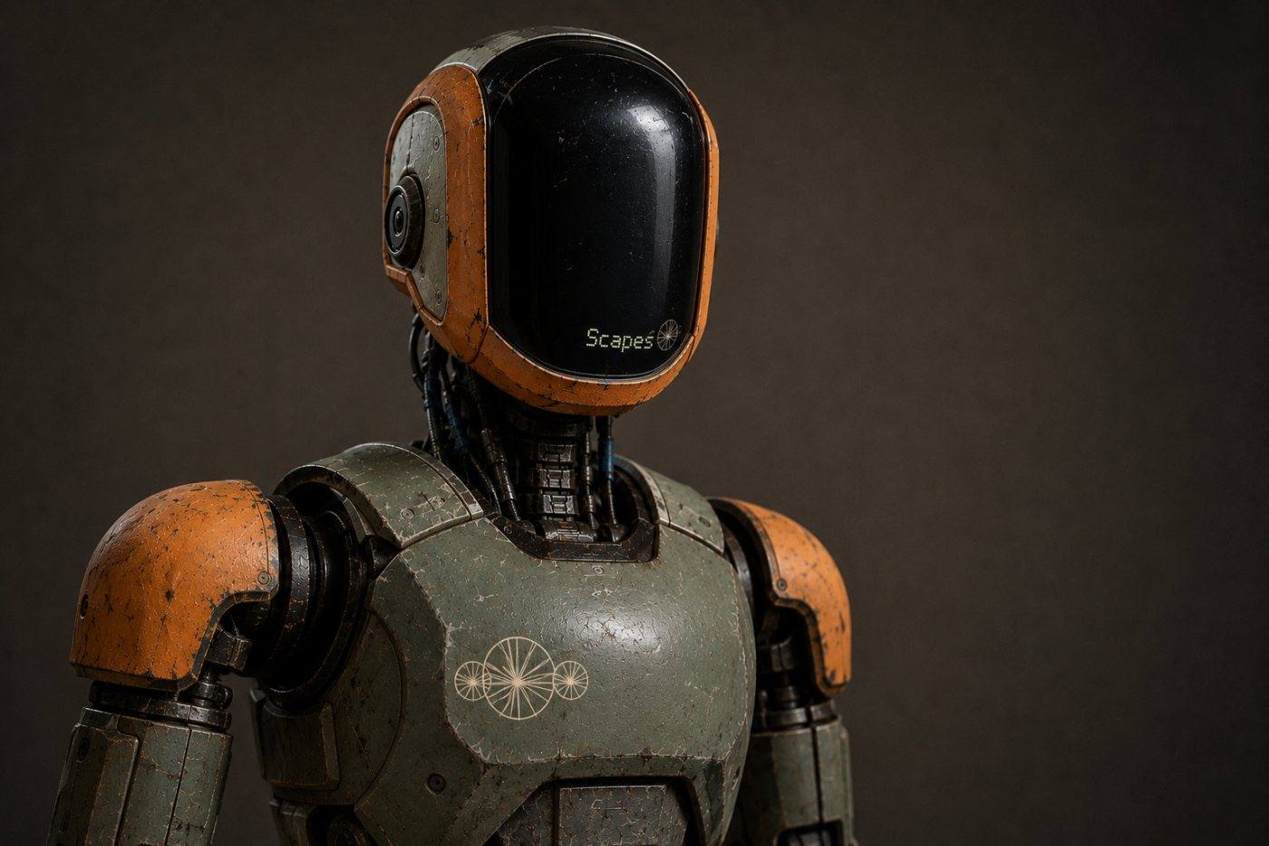 Close portrait of the Scapes humanoid: weathered olive-and-orange plating, the Scapes mark on its chest and name on its visor.