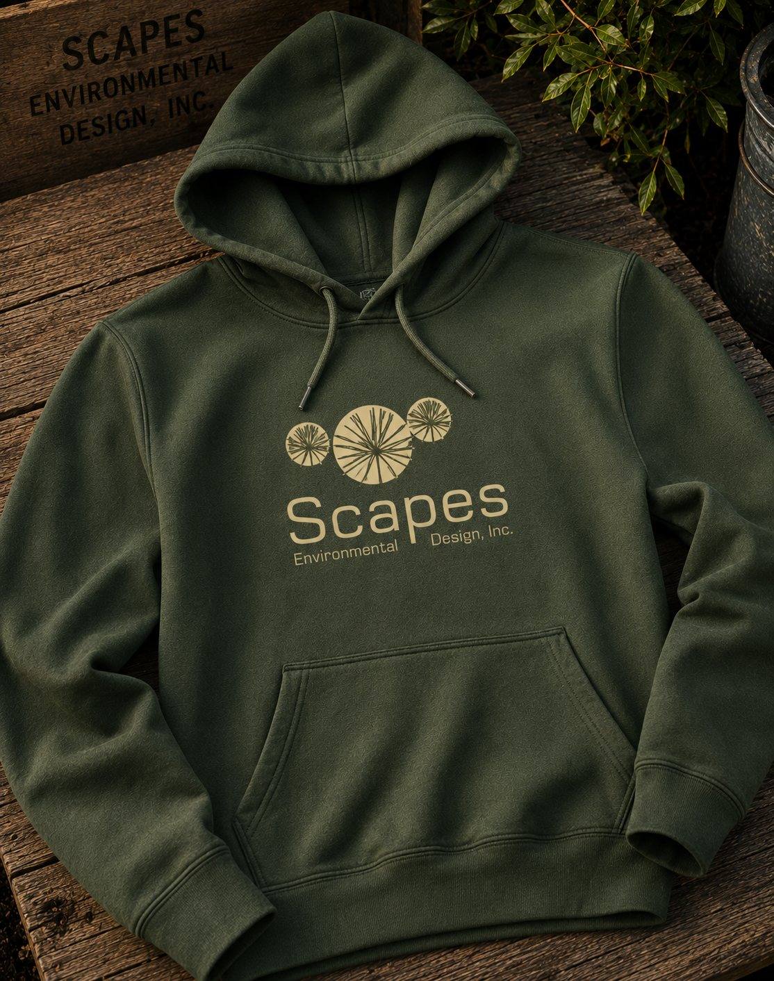 The Scapes hoodie in forest green with the seedhead and studio lockup embroidered at the chest, resting on a wooden crate.