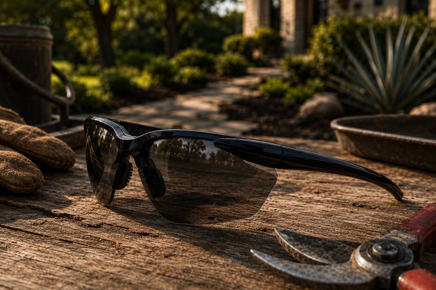 The Scapes safety sunglasses on a weathered workbench beside the crew's gloves and pruners, the garden going soft behind them.