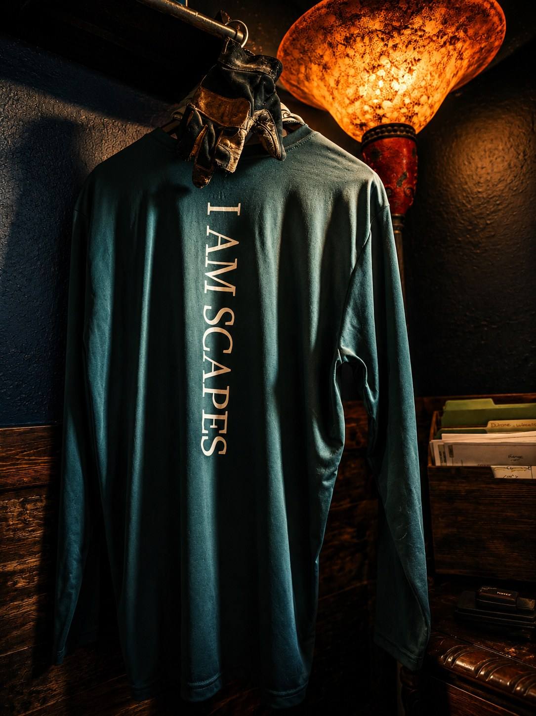 A deep-green I AM SCAPES jersey hanging on a hook, the words in tall sand letters down the back