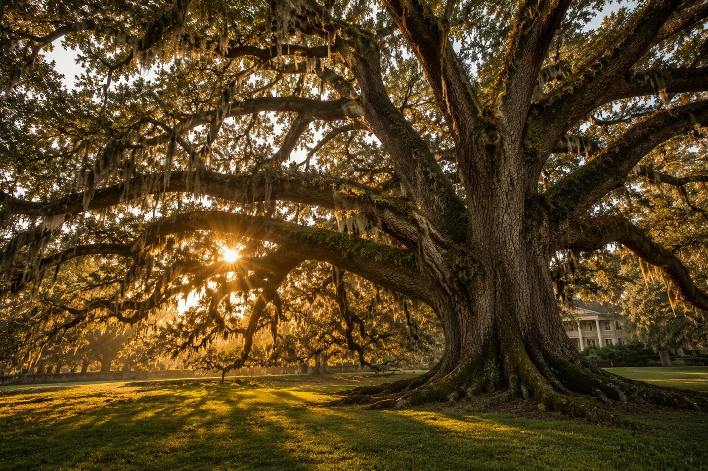 A vast live oak draped in Spanish moss, sun bursting through the canopy over an estate lawn.