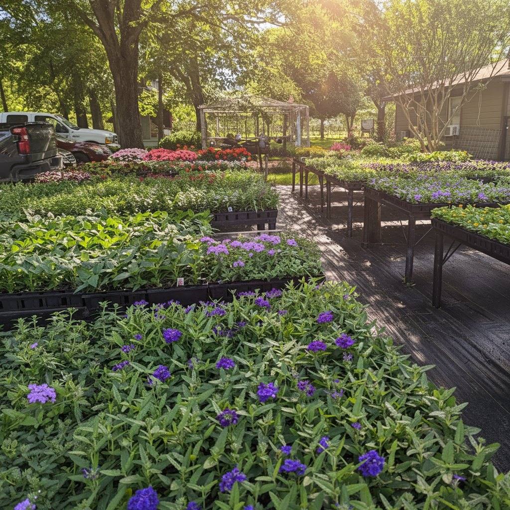 Wide flats of verbena in bloom at the nursery