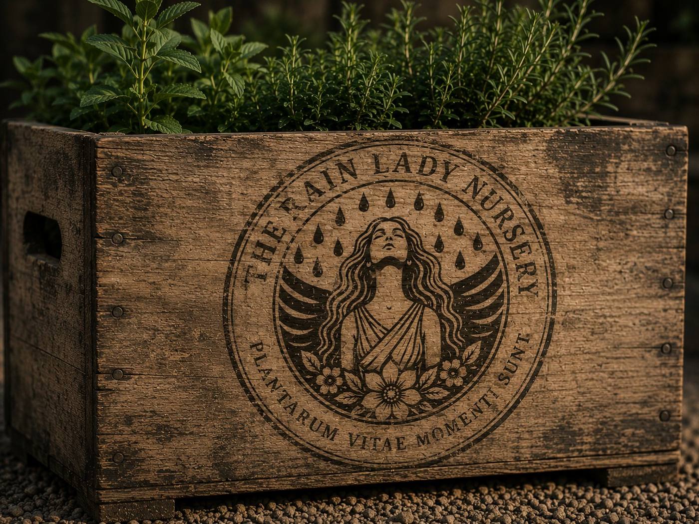 Herbs spilling from a Rain Lady Nursery crate