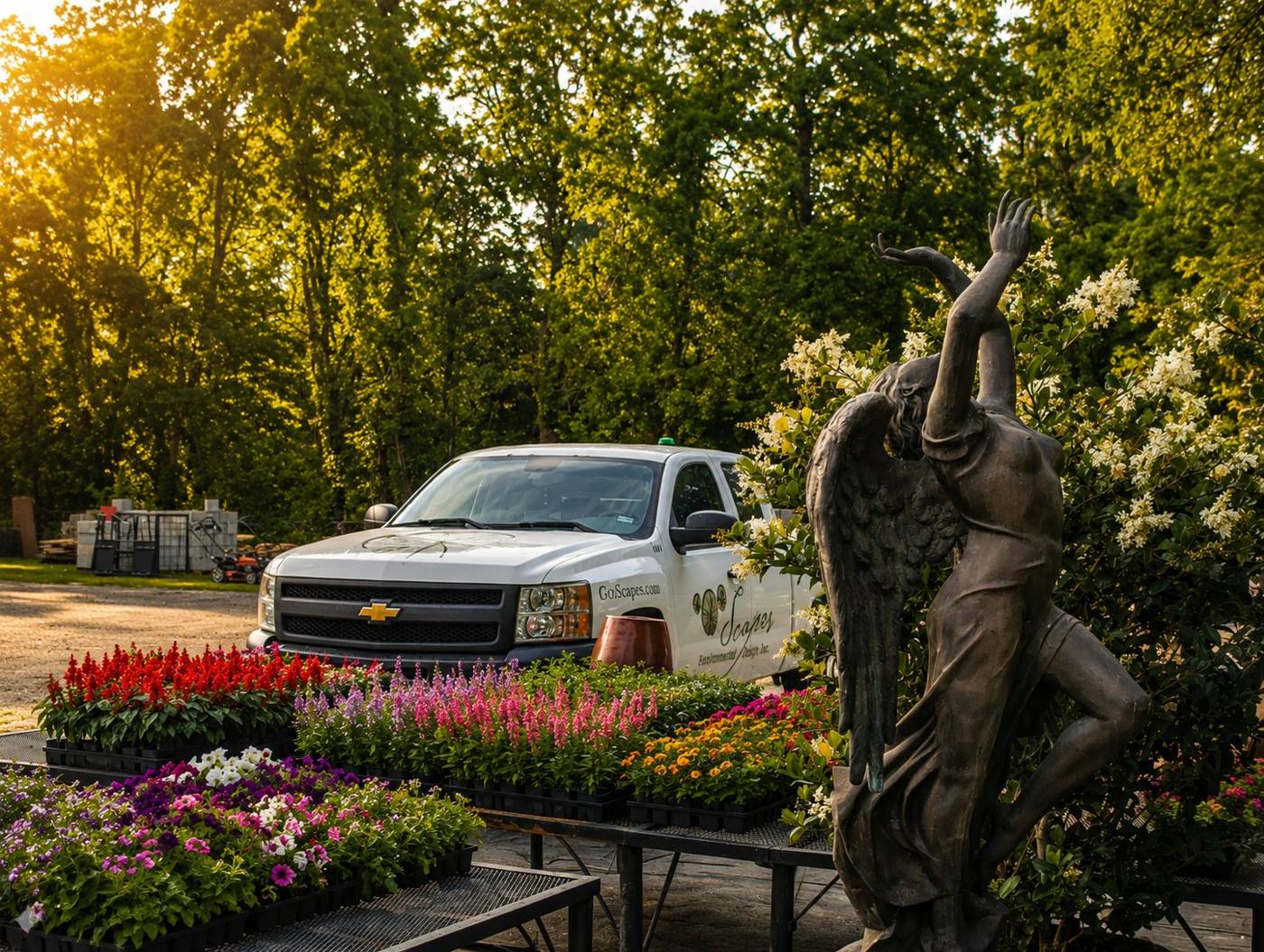The Rain Lady's wings over a Scapes truck at the nursery, golden hour