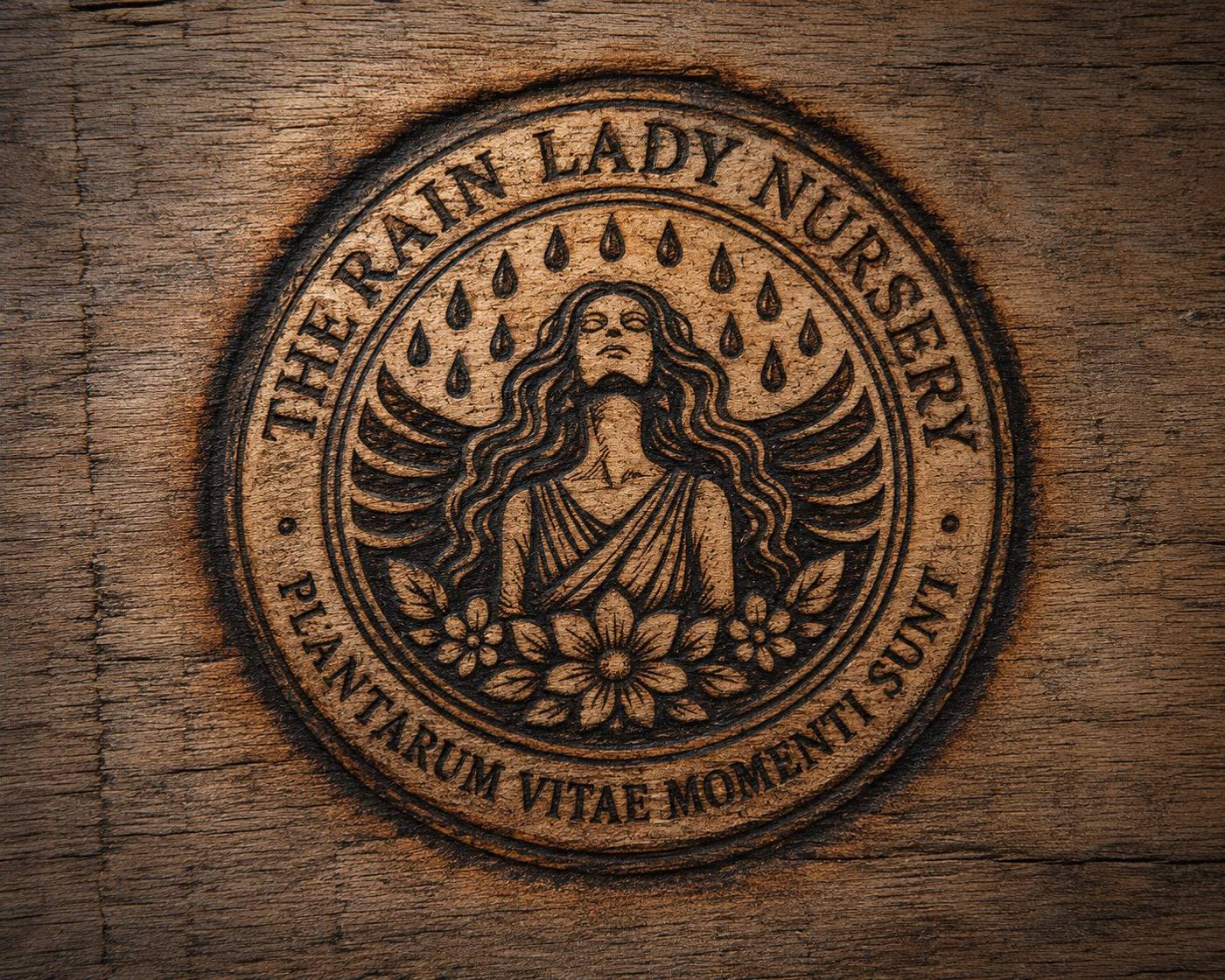 The Rain Lady Nursery seal burned deep into weathered wood grain