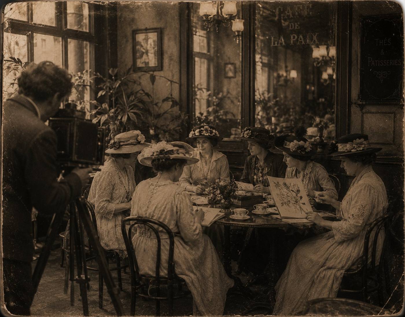 A period photographer with a plate camera documenting the society at their table, Café de la Paix, c.1920s