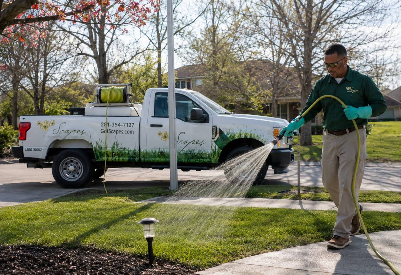 A Scapes crew member sprays Root Juice across a lawn from a hose reeled off the truck. Bare early-spring trees stand behind the white Scapes truck at the curb.