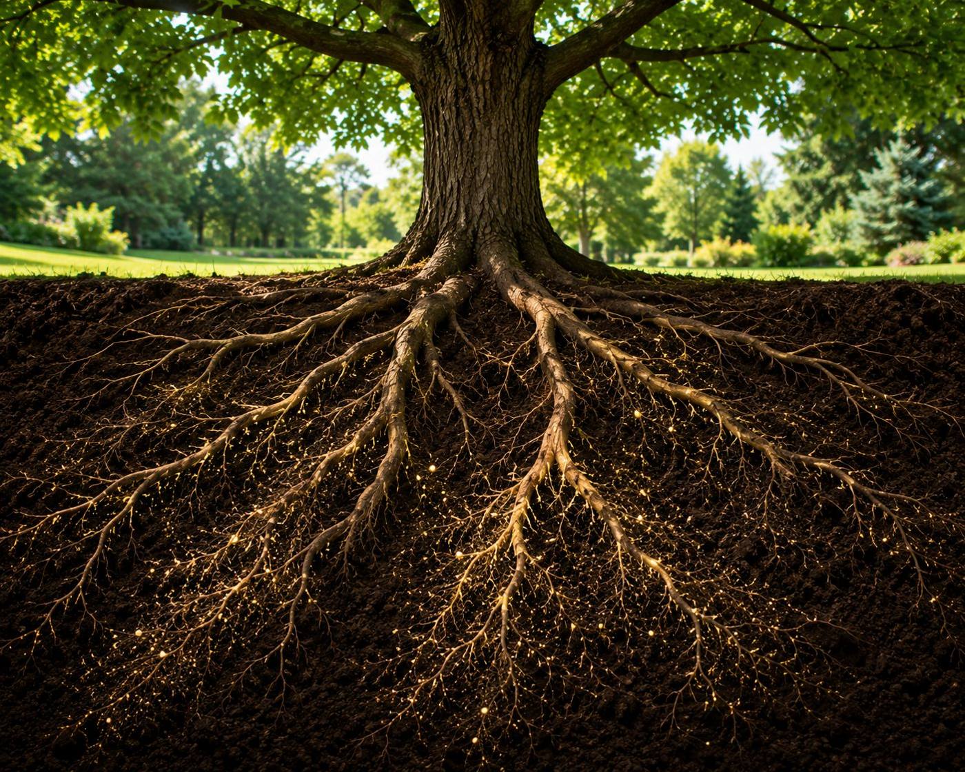 A tree in cross-section, its roots glowing gold as they feed underground
