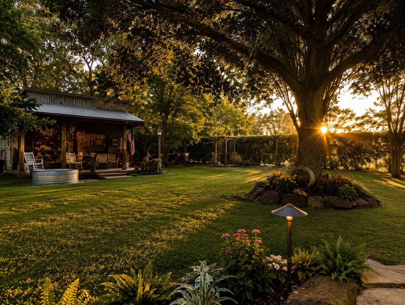 The studio porch at golden hour — rocking chairs and string lights under a wide oak, landscape lighting warming the lawn as the sun sets.