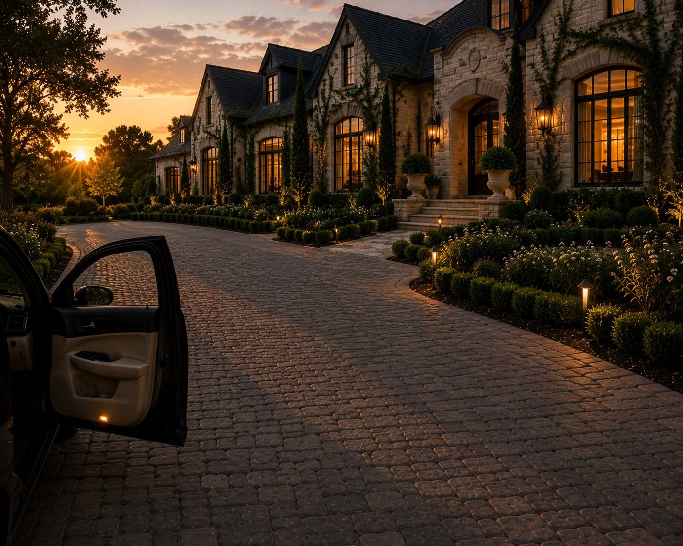 The arrival — stepping out of the vehicle in the driveway