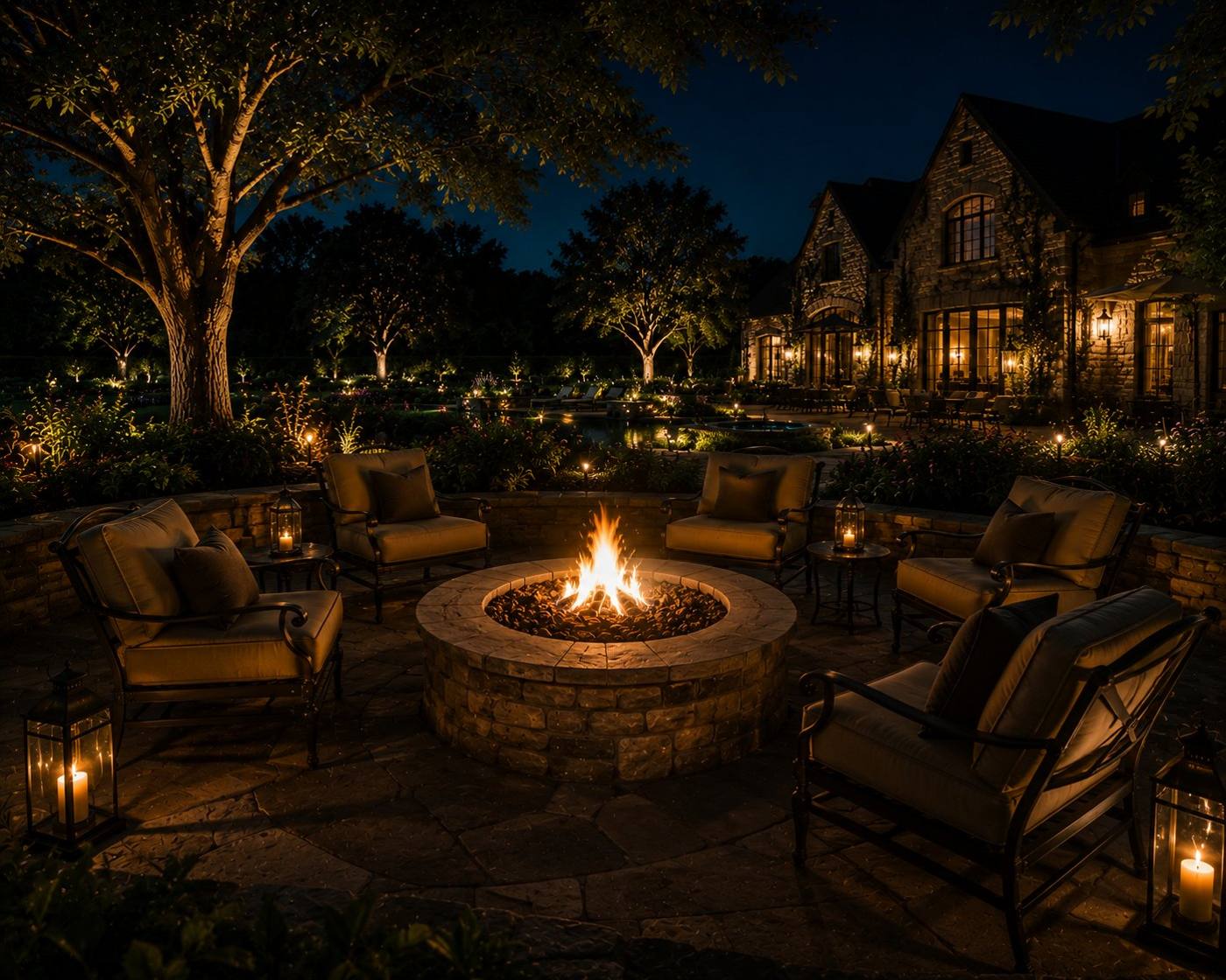 The fire — the fire pit after dark
