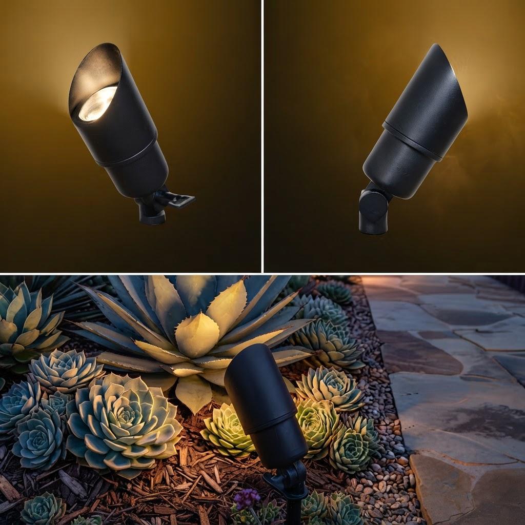 An accent light in a succulent bed, aimed up into an agave.