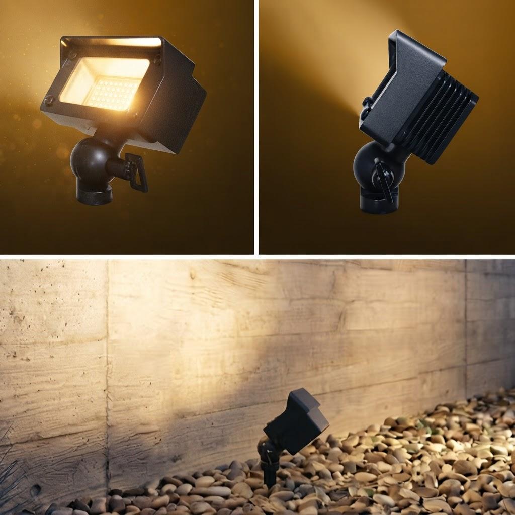 A flood light washing a board-formed concrete wall from a bed of river rock.