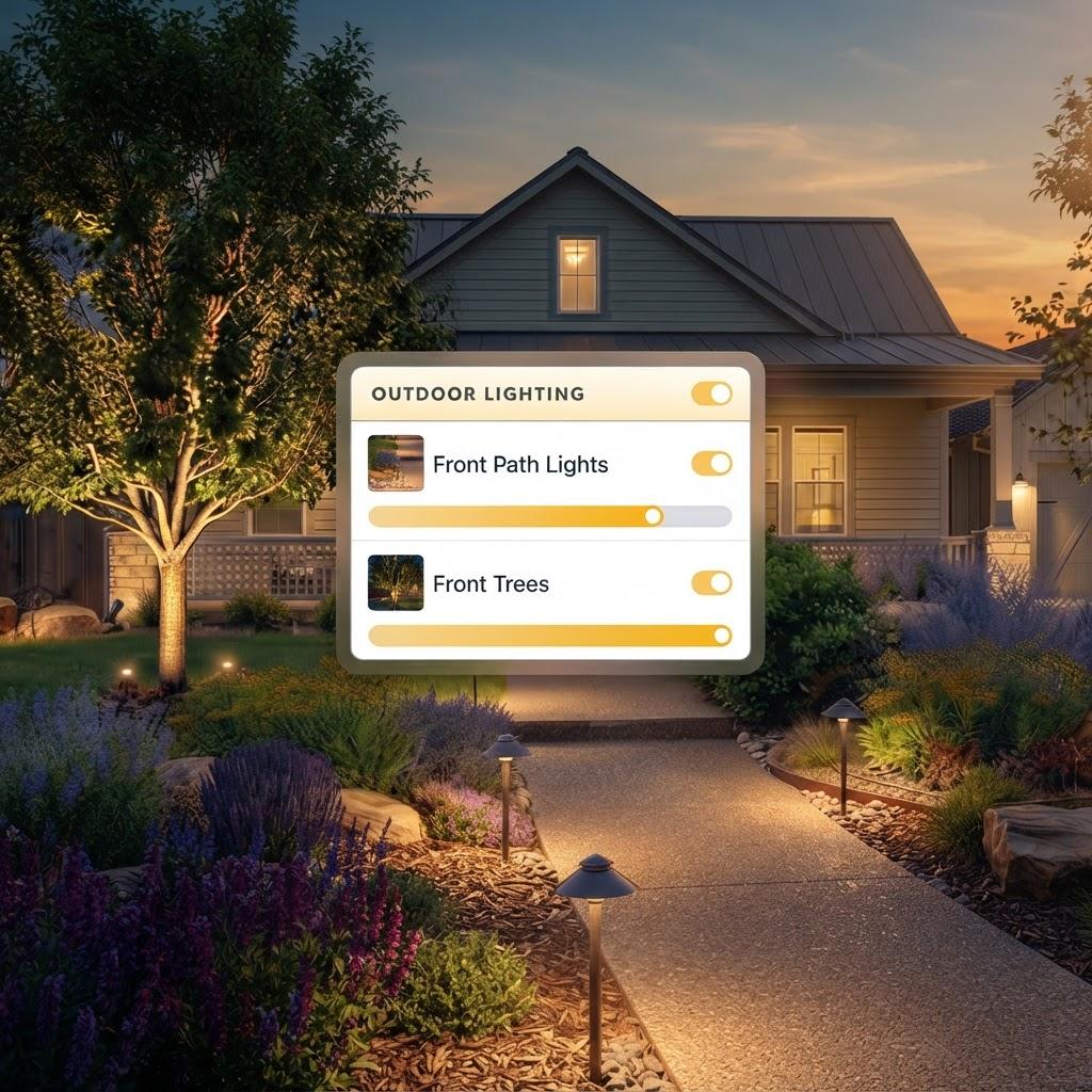 A front garden at dusk with the path lights and tree lighting on, and the app controlling both zones.