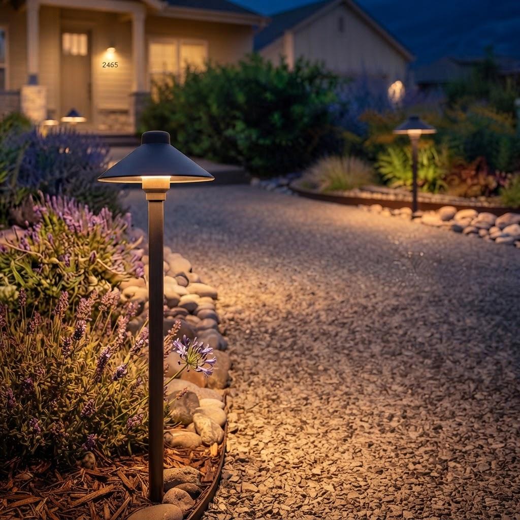 A path light casting a low warm pool along a gravel walk at night.