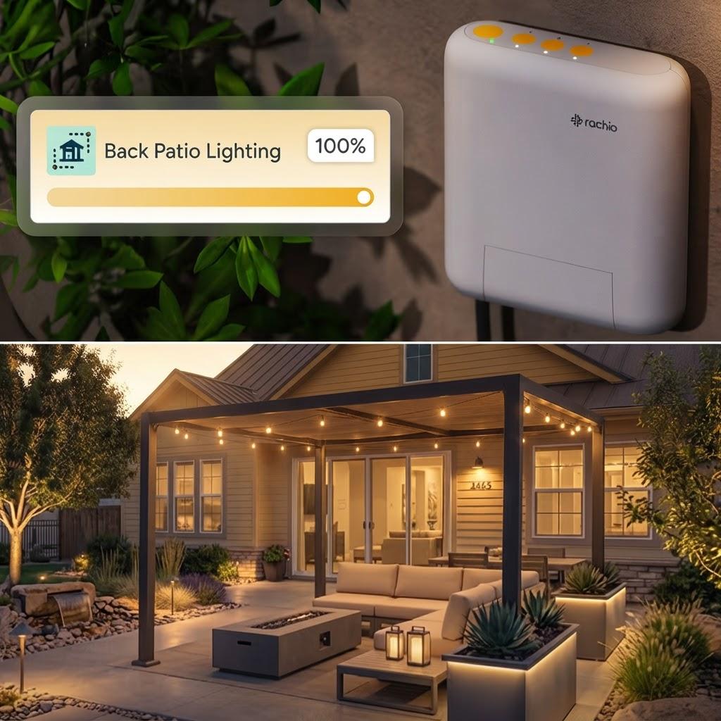 A back patio under a pergola, string lights and planter lighting on, with the controller and a brightness scene shown above.