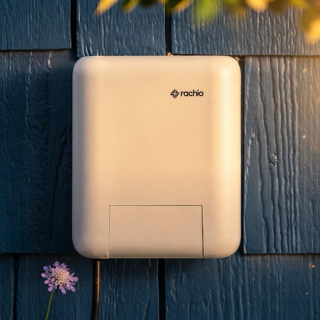 The Rachio Smart Lighting Controller mounted on exterior siding in evening light.