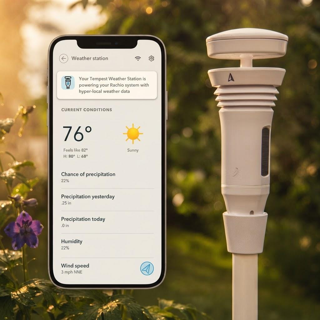 A Tempest weather station in a garden at golden hour, with the Rachio app showing the conditions it is reporting.