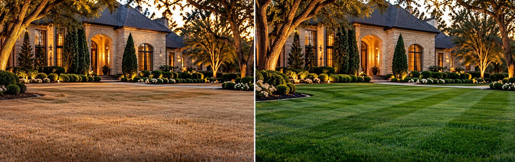 The same estate in winter, side by side: on the left a dormant brown lawn, on the right a deep green striped Super Grass lawn