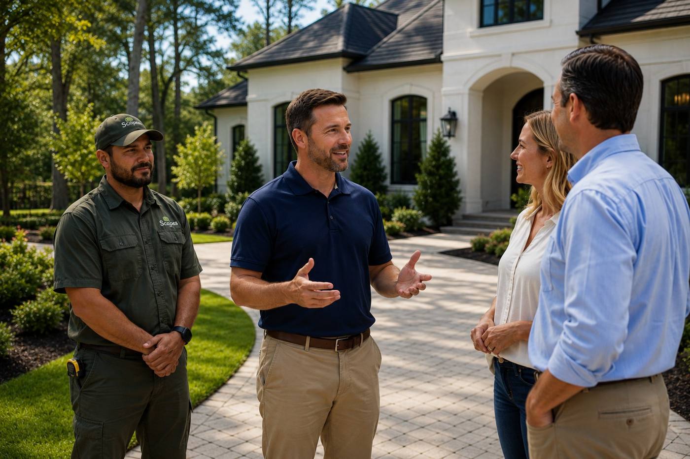 The builder leads the client conversation while the Scapes contractor stands in support — the second seat