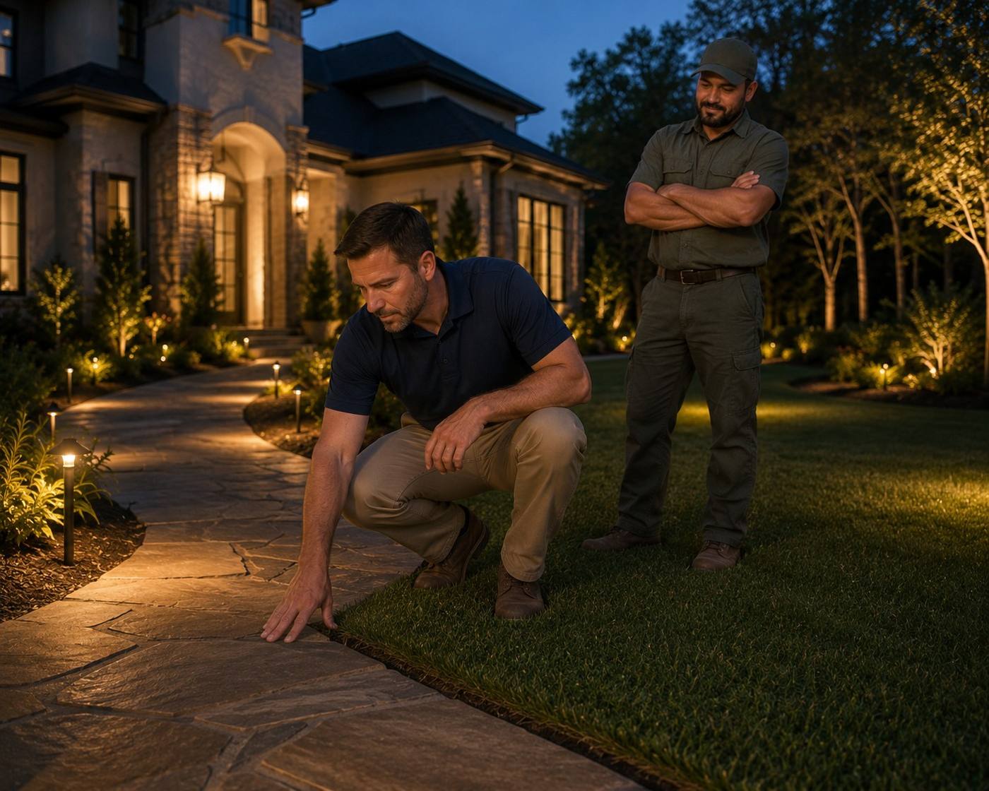 The builder runs his hand along the finished flagstone edge at dusk while the Scapes contractor stands confident behind