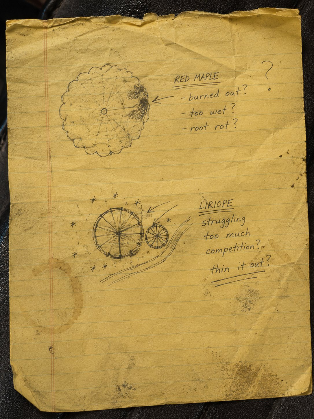 A worn yellow legal-pad page of diagnostic field notes — a red maple drawn with a burned-out section and the questions burned out? too wet? root rot?; below it a liriope clump noted as struggling, too much competition, thin it out