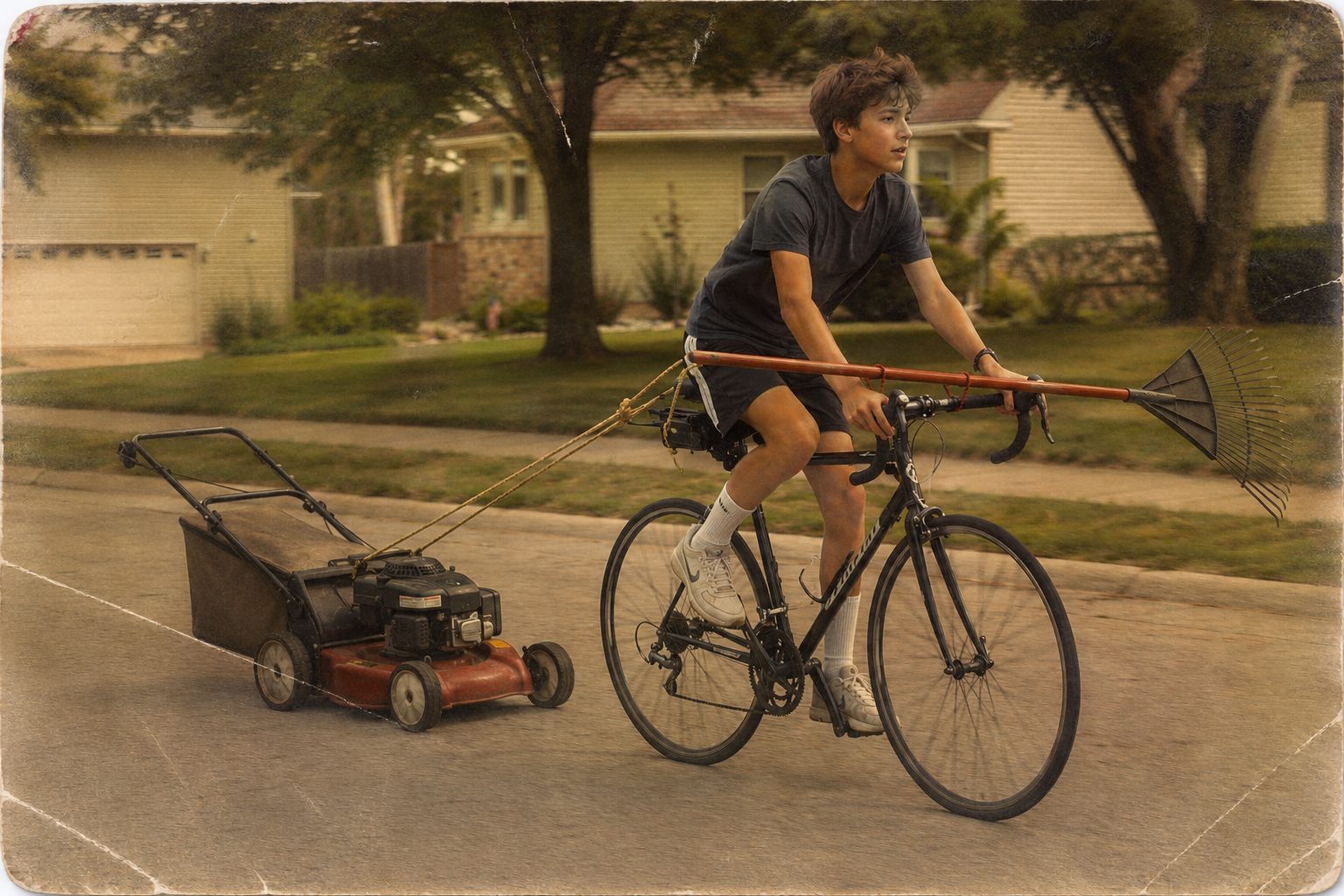 A vintage snapshot — a young boy towing a lawn mower behind his ten-speed bike, a rake lashed across the handlebars, off to cut a neighbor's yard
