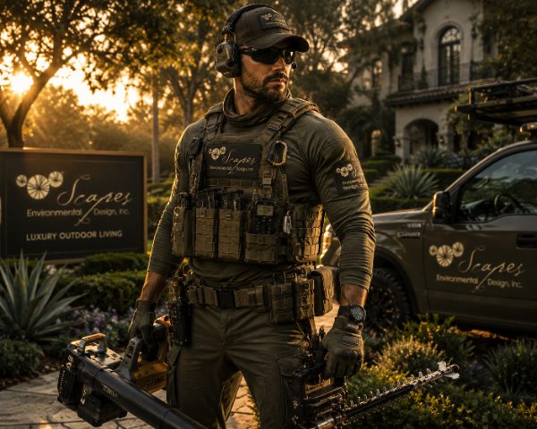 A Scapes operator on station at golden hour — branded polo, the company truck and the Luxury Outdoor Living sign behind him