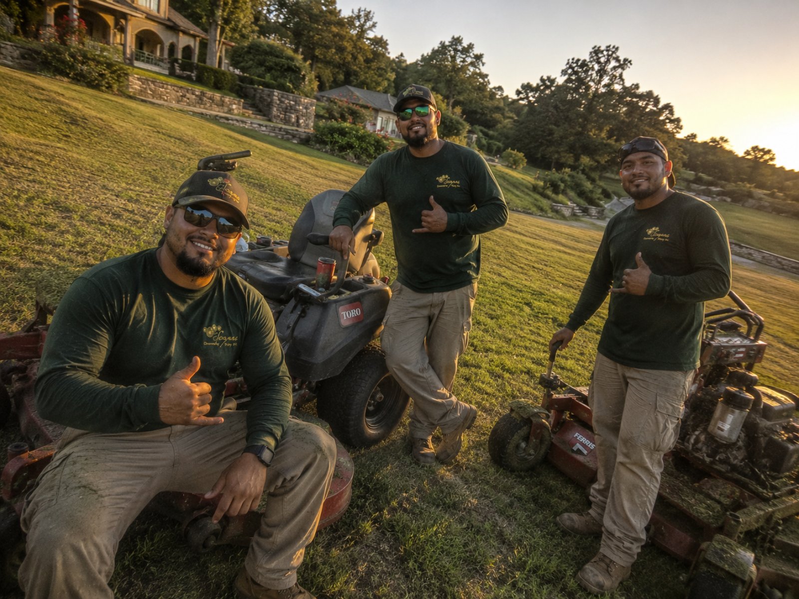 Three Scapes crew members on zero-turn mowers on a manicured estate lawn at golden hour, the stone house behind them