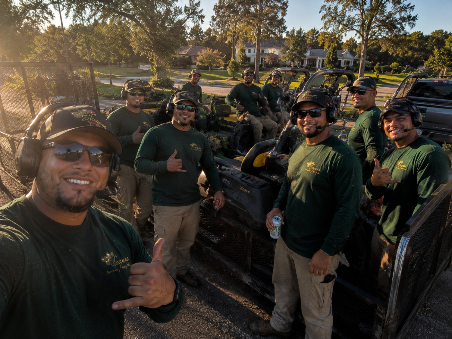 The full Scapes maintenance crew loaded onto the trailer at golden hour, mowers racked, everyone grinning