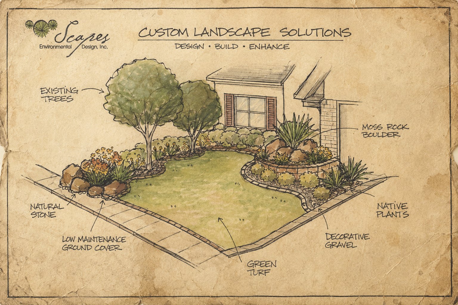 Scapes concept rendering — a custom front-yard landscape with existing trees, native plants, moss rock boulders, natural stone, and green turf