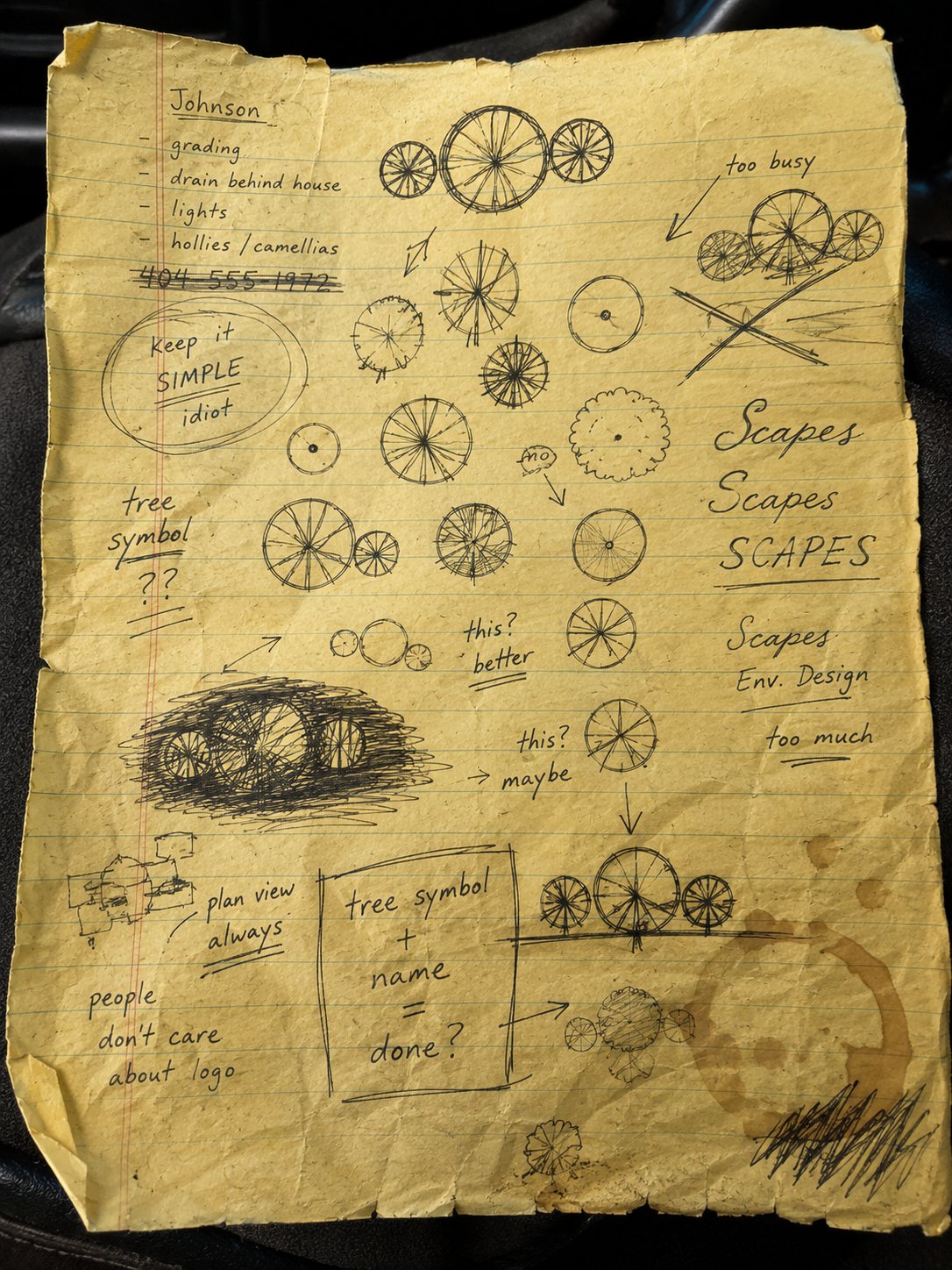 A worn legal-pad page where the Scapes mark was worked out by hand — a job list for the Johnson property in the margin, dozens of plan-view tree symbols tested one against three, the wordmark tried three ways, and the conclusion boxed at the bottom: tree symbol plus name equals done