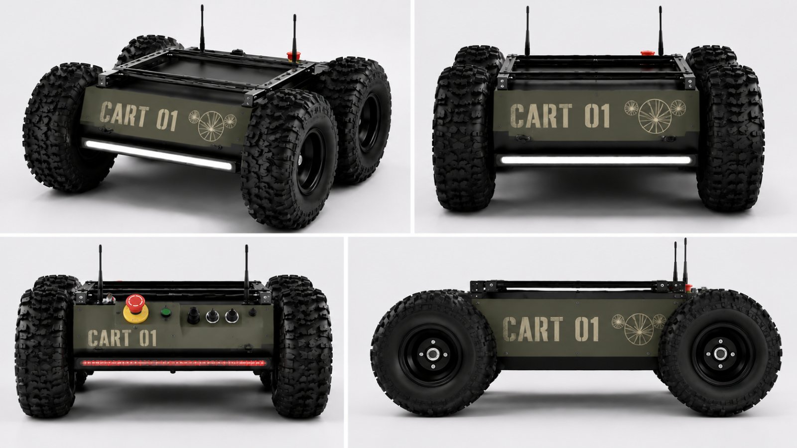 Second four-view render of Cart 01 with the twin-emblem livery treatment.