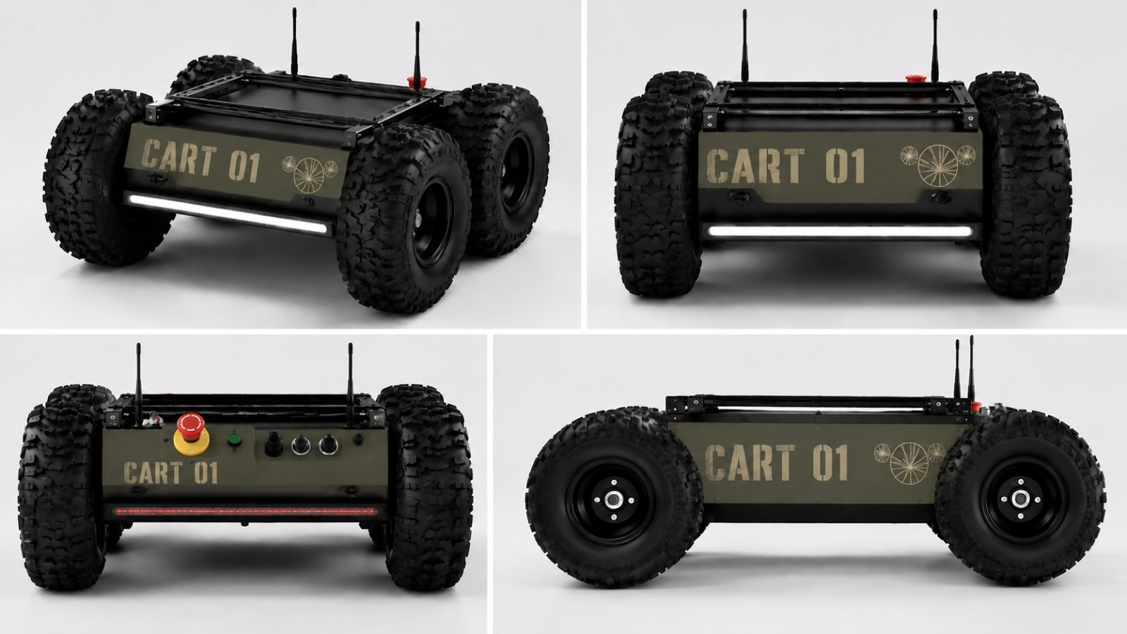 Four-view turnaround render of Cart 01: front, rear, control panel, and side.