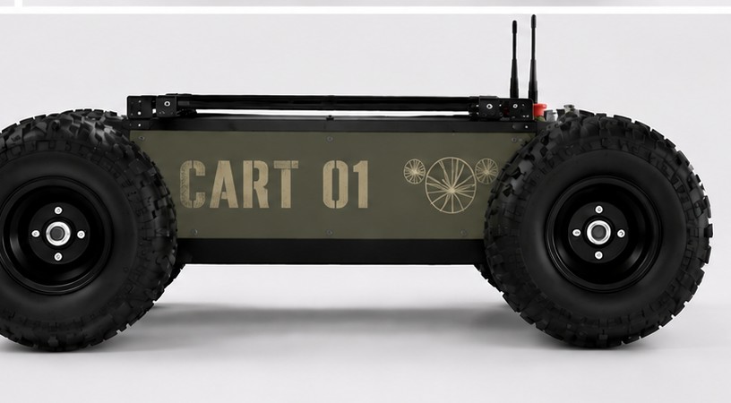 Side profile render of Cart 01: olive drab body, four all-terrain tires on independent hubs, the stenciled CART 01 wordmark and Scapes seedhead emblem on the flank.