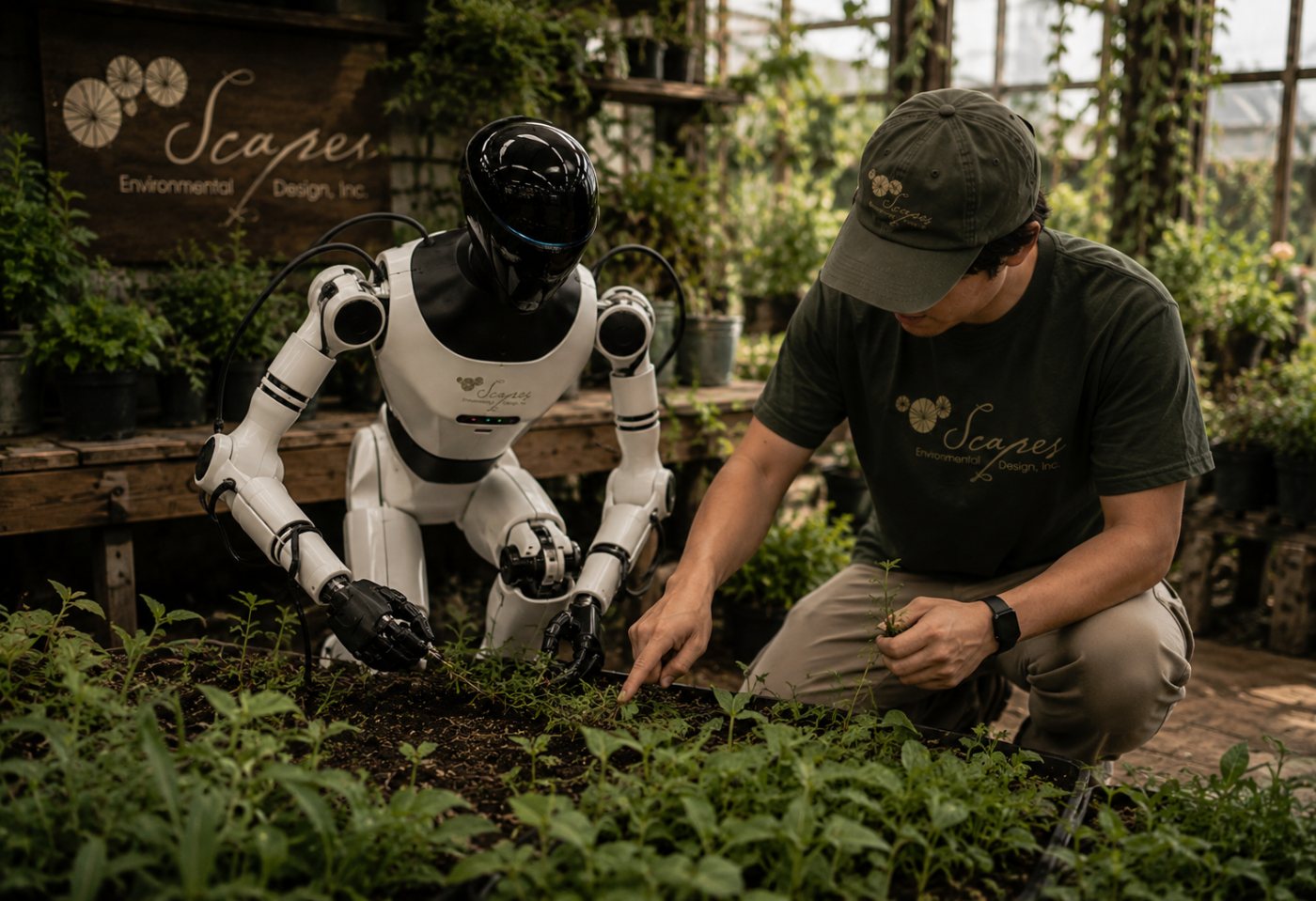 A crew member crouches at a seedling bed pointing, while a Scapes humanoid reaches in beside him.