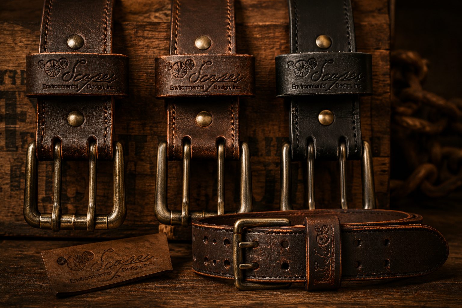 Three Scapes leather belts — brown, distressed walnut, and black — standing against barrel wood with solid brass buckles, the Scapes seedhead and wordmark embossed on each keeper, a leather hang-tag at the foot.