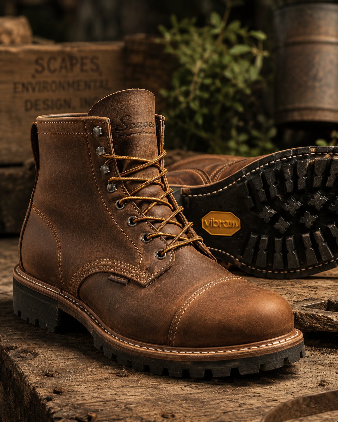 The Scapes boot — brown roughout leather with the Scapes script at the tongue and a Vibram lug sole, standing on a wooden crate.