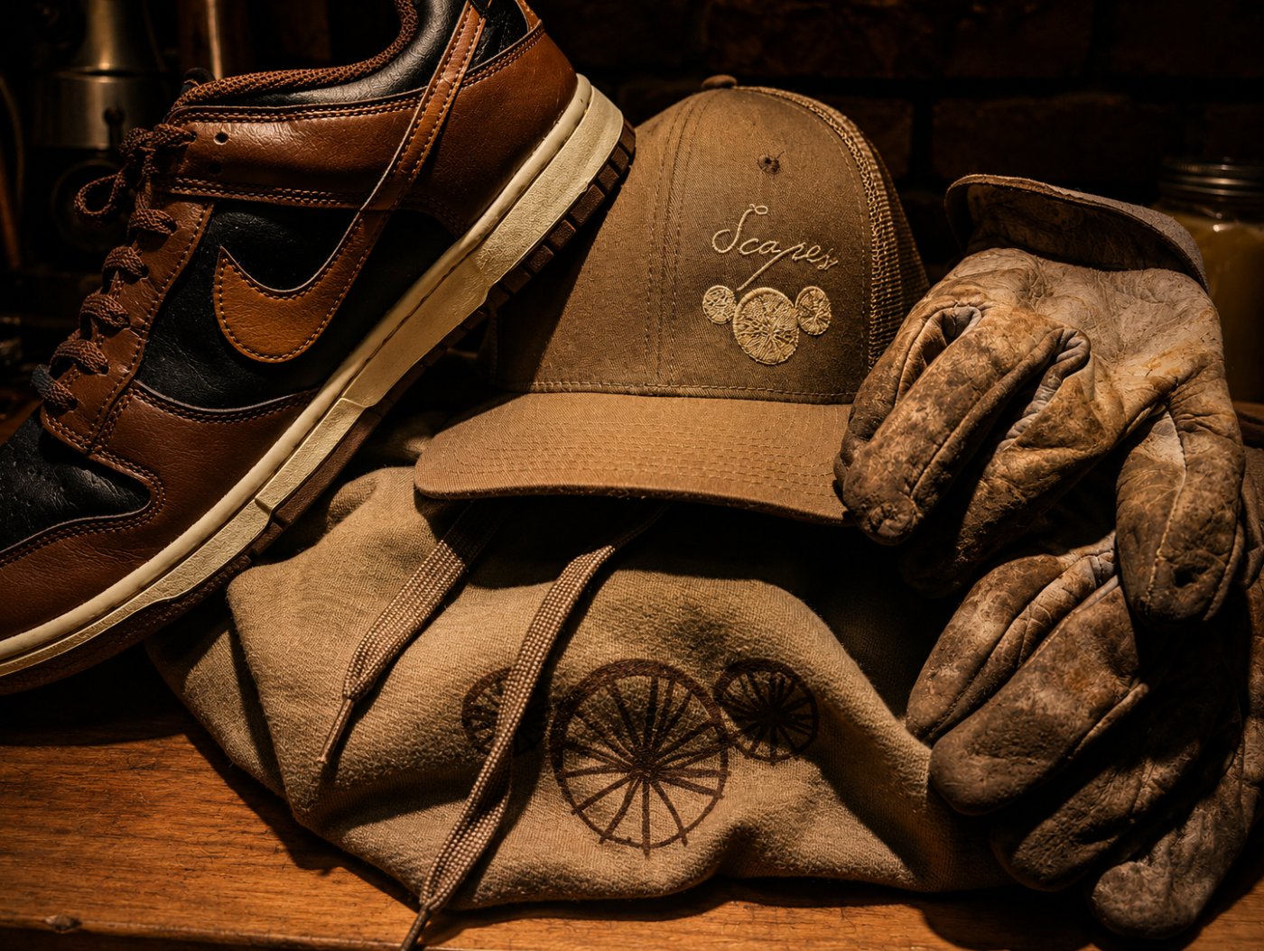The Scapes cap — earth-brown washed canvas with the Scapes script and three seedheads stitched at the crown, laid out with the field kit.