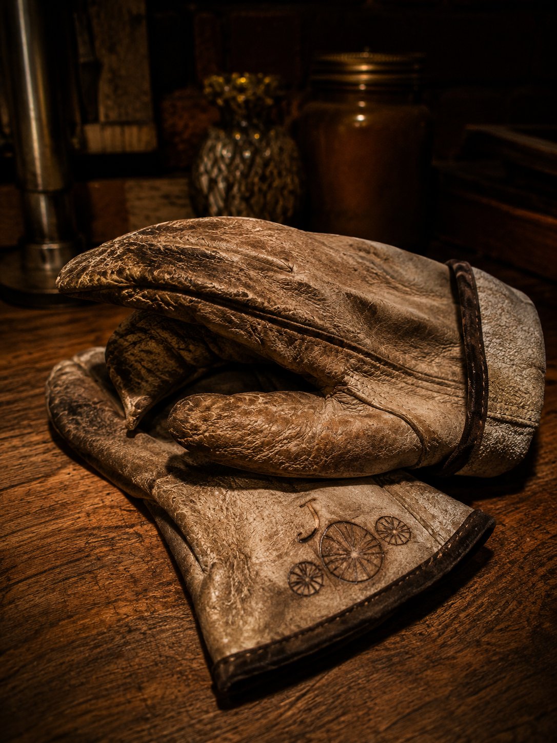 A broken-in pair of Scapes work gloves on dark wood, the J and the three seedheads branded into the cuff.