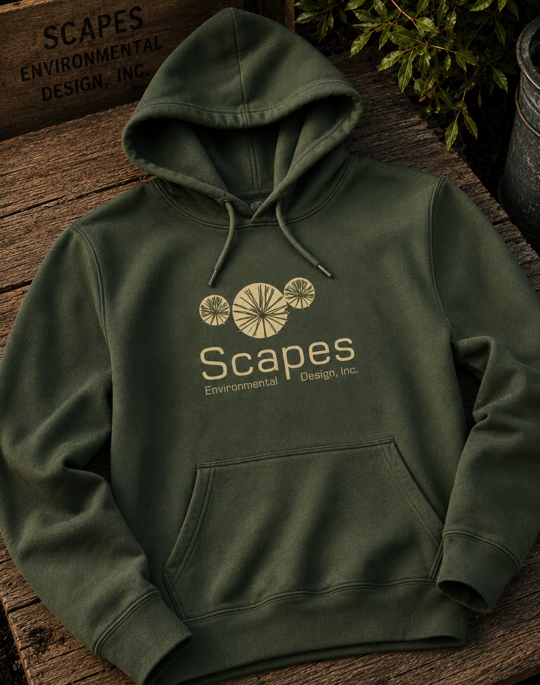 The Scapes hoodie in forest green with the seedhead and studio lockup embroidered at the chest, resting on a wooden crate.