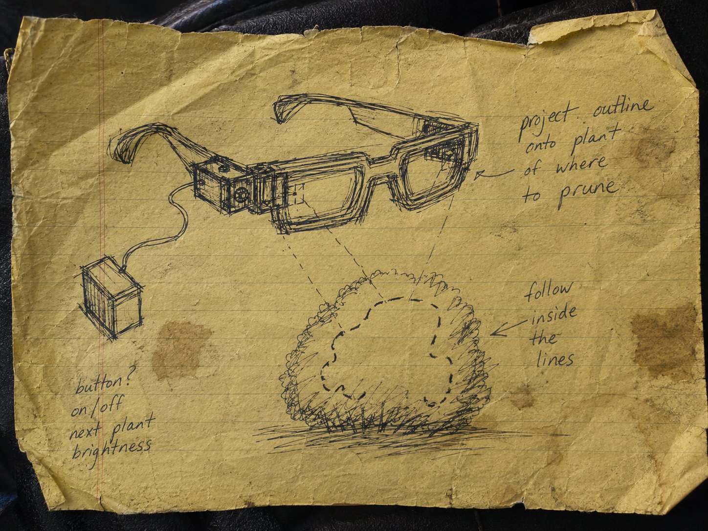 A legal-pad invention sketch of augmented-reality pruning glasses that project a cut line onto a shrub — the studio's leap from hand-notes to machine vision