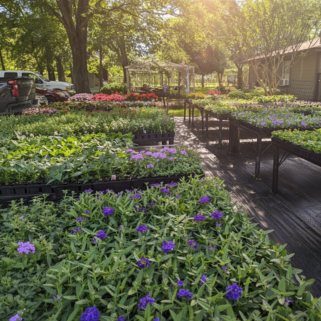 Wide flats of verbena in bloom at the nursery